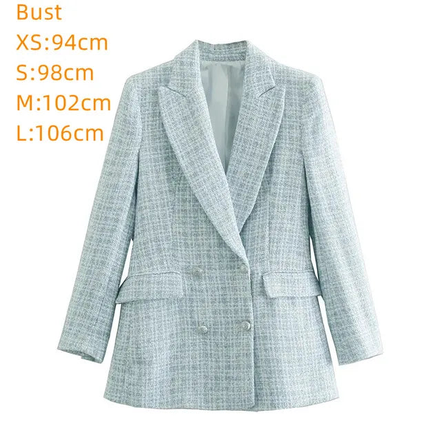 Beige Tweed Women Blazer Jacket 2022 New Office Lady Solid Color Double Breasted Button Up Coat Casual Girls Streetwear