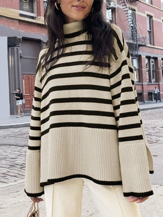 Black And White Stripe Sweater Streetwear Loose Tops Women Pullover Female Jumper Long Sleeve Turtleneck Knitted Ribbed Sweaters