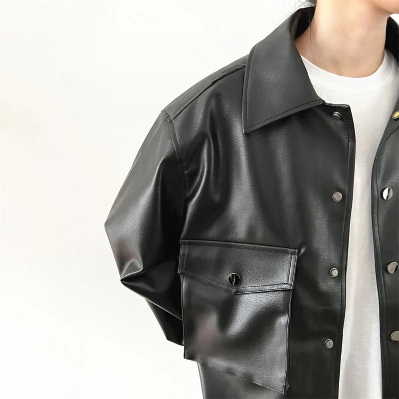 Black Short Leather Jacket Men Fashion Pocket Motorcycle Jackets Mens Streetwear Korean Hip-hop Loose Bomber Jacket Men Coat