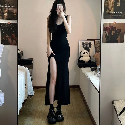 Black Sleeveless Strap Dress Women Sexy Slim Fit Side Slit Irregular Maxi Dress woman Summer Korean Simple One piece Dresses