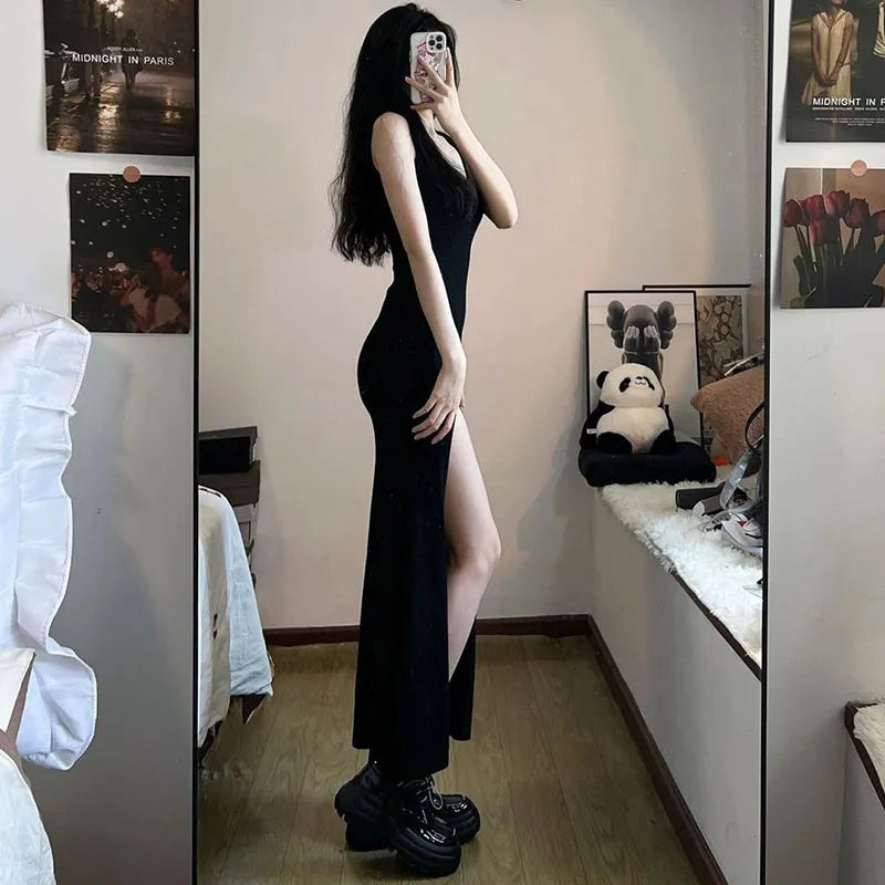 Black Sleeveless Strap Dress Women Sexy Slim Fit Side Slit Irregular Maxi Dress woman Summer Korean Simple One piece Dresses