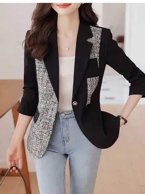 Black Women Blazer Suit Autumn New Design Casual Jacket Spliced Chin Coat For Office Lady Female Outerwear blazer mujer