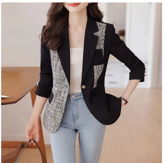 Black Women Blazer Suit Autumn New Design Casual Jacket Spliced Chin Coat For Office Lady Female Outerwear blazer mujer