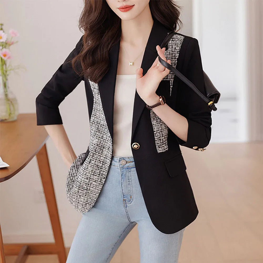 Black Women Blazer Suit Autumn New Design Casual Jacket Spliced Chin Coat For Office Lady Female Outerwear blazer mujer