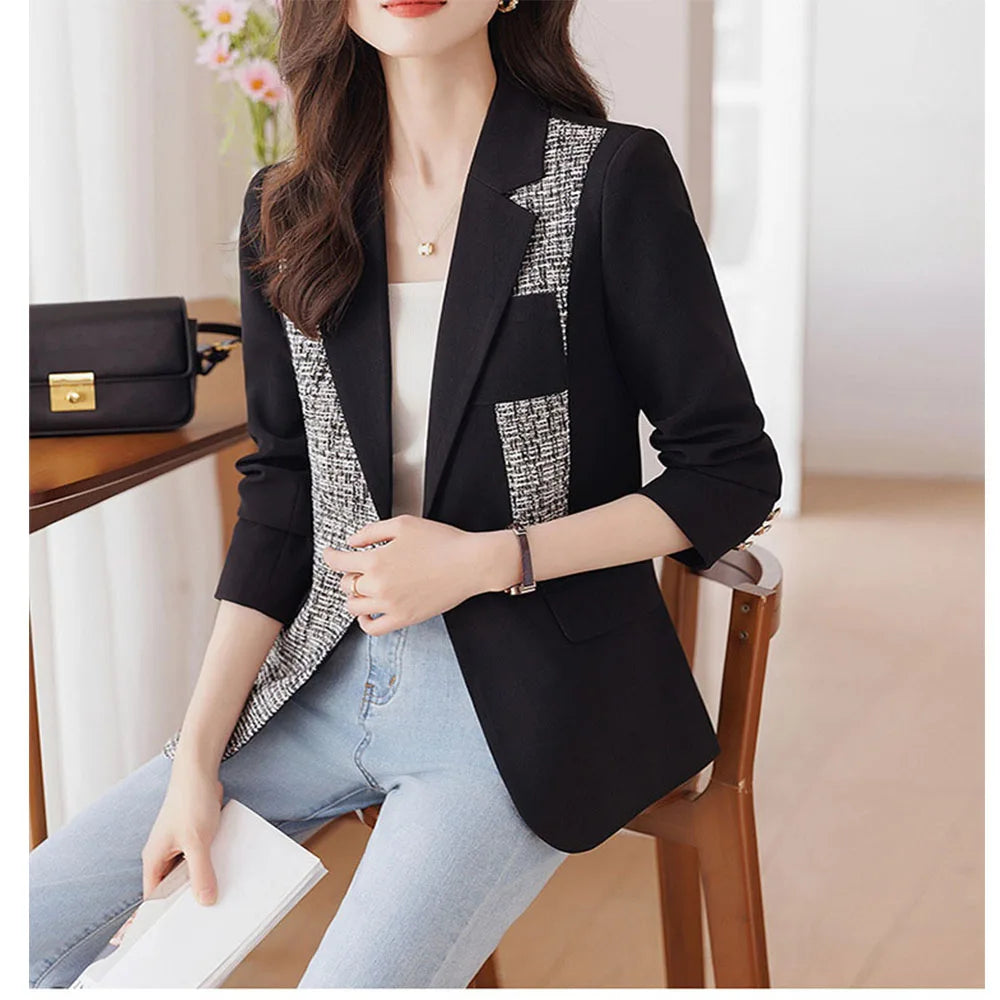 Black Women Blazer Suit Autumn New Design Casual Jacket Spliced Chin Coat For Office Lady Female Outerwear blazer mujer