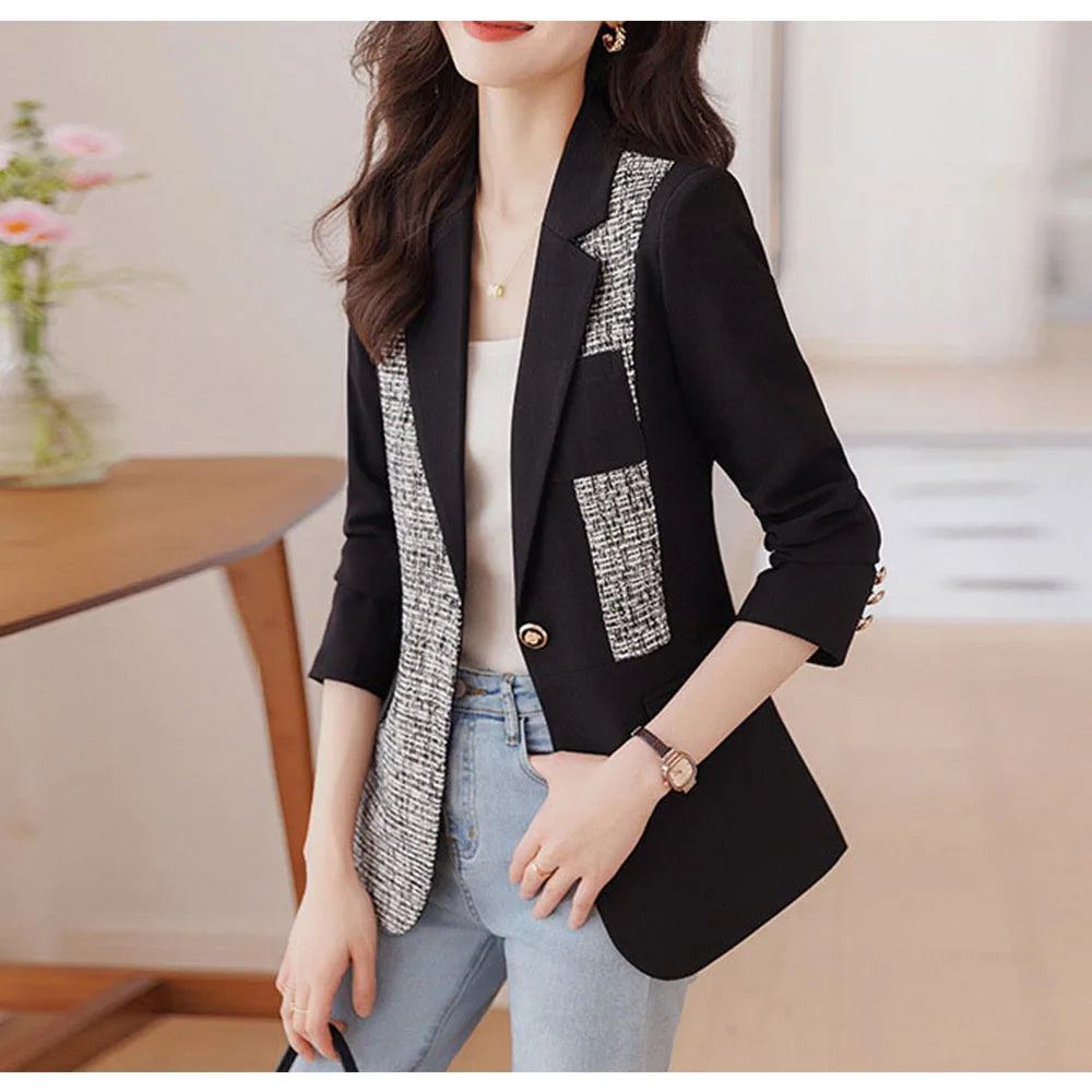 Black Women Blazer Suit Autumn New Design Casual Jacket Spliced Chin Coat For Office Lady Female Outerwear blazer mujer