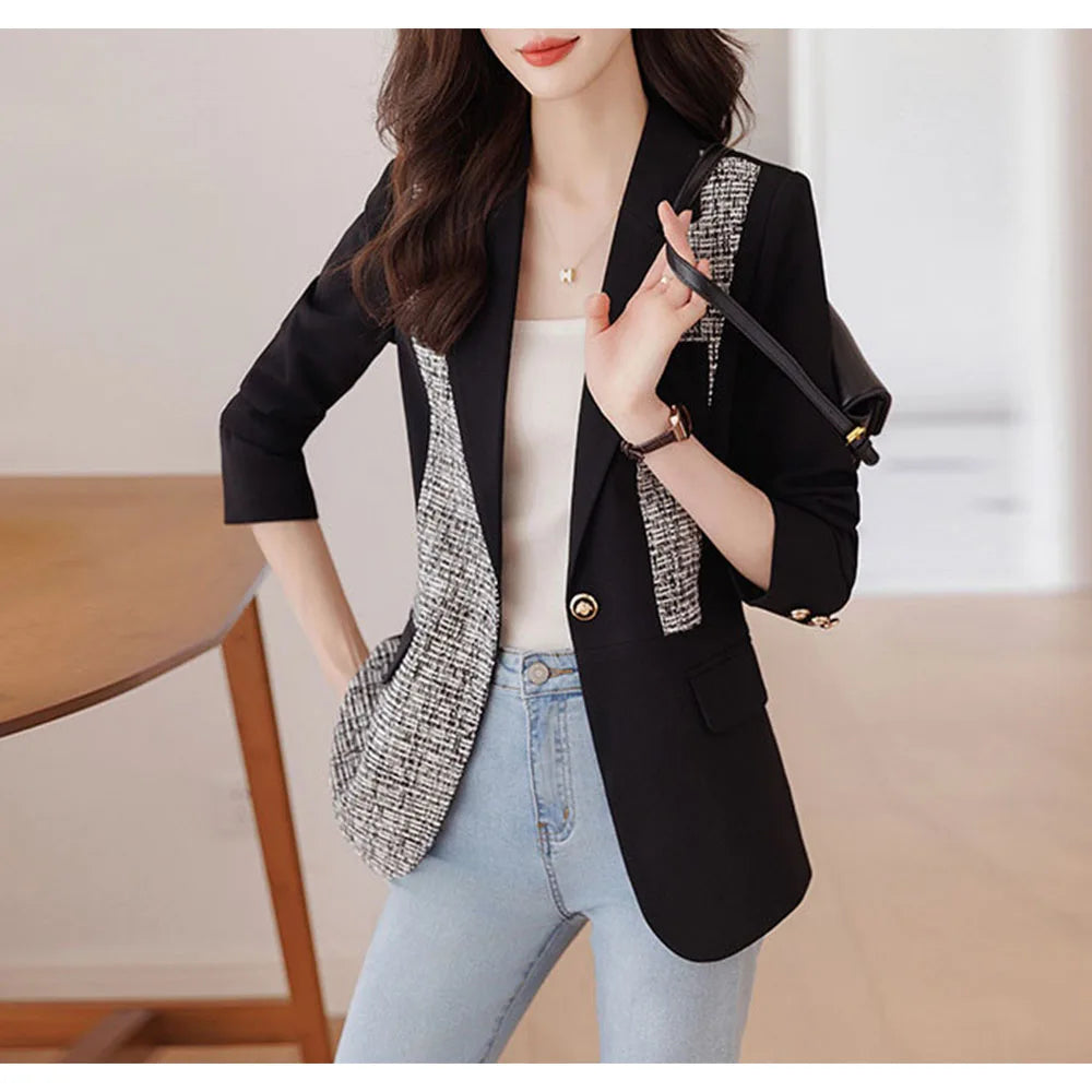 Black Women Blazer Suit Autumn New Design Casual Jacket Spliced Chin Coat For Office Lady Female Outerwear blazer mujer