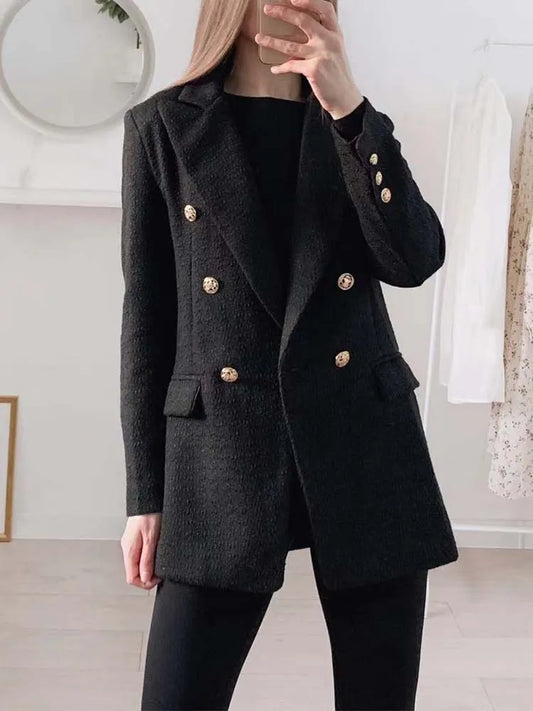 Blazer Women 2023 Traf Fashion Metal Double Breasted Woollen Blazers Coat Vintage Long Sleeve Female Outerwear Chic Tops