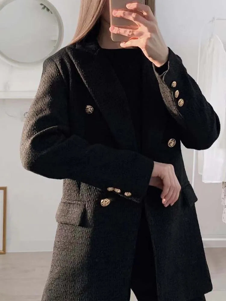 Blazer Women 2023 Traf Fashion Metal Double Breasted Woollen Blazers Coat Vintage Long Sleeve Female Outerwear Chic Tops