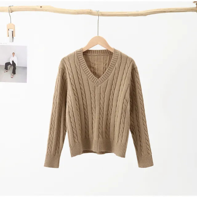 Casual Short Pullovers Lady Sweater V-neck Slim Solid Womens Jumper 2023 Autumn Winter Female Long Sleeve Twist Knitted Top