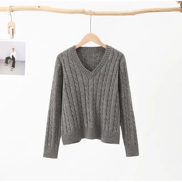 Casual Short Pullovers Lady Sweater V-neck Slim Solid Womens Jumper 2023 Autumn Winter Female Long Sleeve Twist Knitted Top