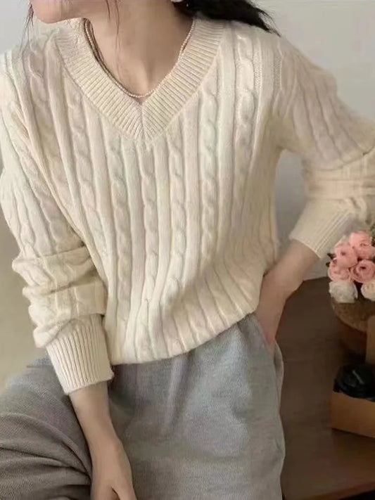 Casual Short Pullovers Lady Sweater V-neck Slim Solid Womens Jumper 2023 Autumn Winter Female Long Sleeve Twist Knitted Top