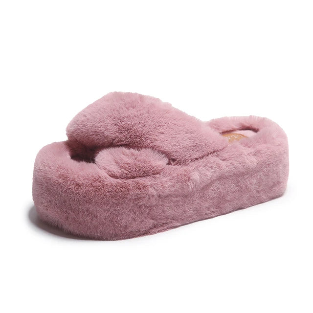 Chunky Platform Fur Slippers Women 2023 Autumn Thick Bottom Furry Outdoor Slippers Woman Plus Size 42 Short Plush Designer Shoes