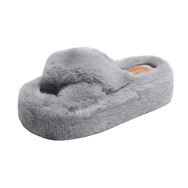 Chunky Platform Fur Slippers Women 2023 Autumn Thick Bottom Furry Outdoor Slippers Woman Plus Size 42 Short Plush Designer Shoes