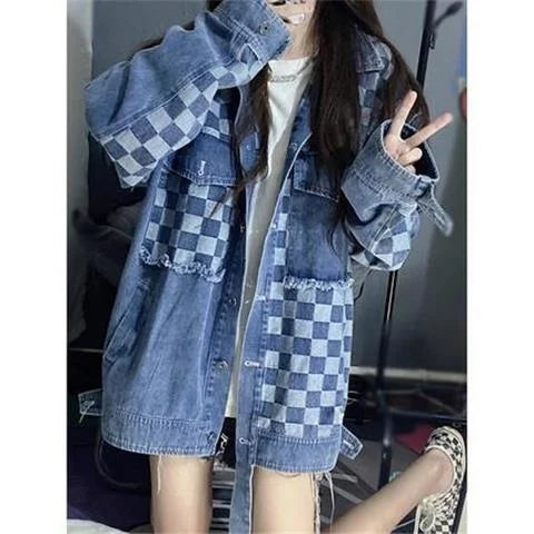 Cool salt wear with checkerboard stitching cardigan washed denim jacket women's trend loose jacket top trend