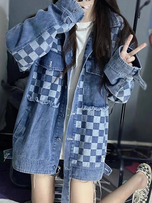 Cool salt wear with checkerboard stitching cardigan washed denim jacket women's trend loose jacket top trend