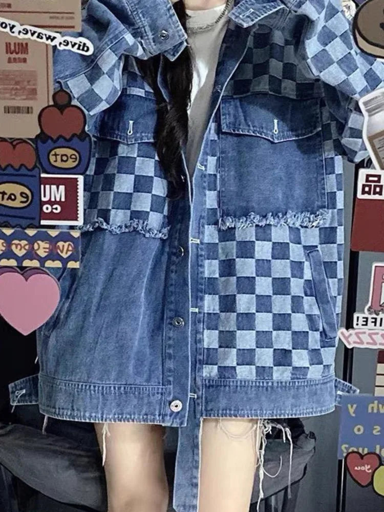 Cool salt wear with checkerboard stitching cardigan washed denim jacket women's trend loose jacket top trend