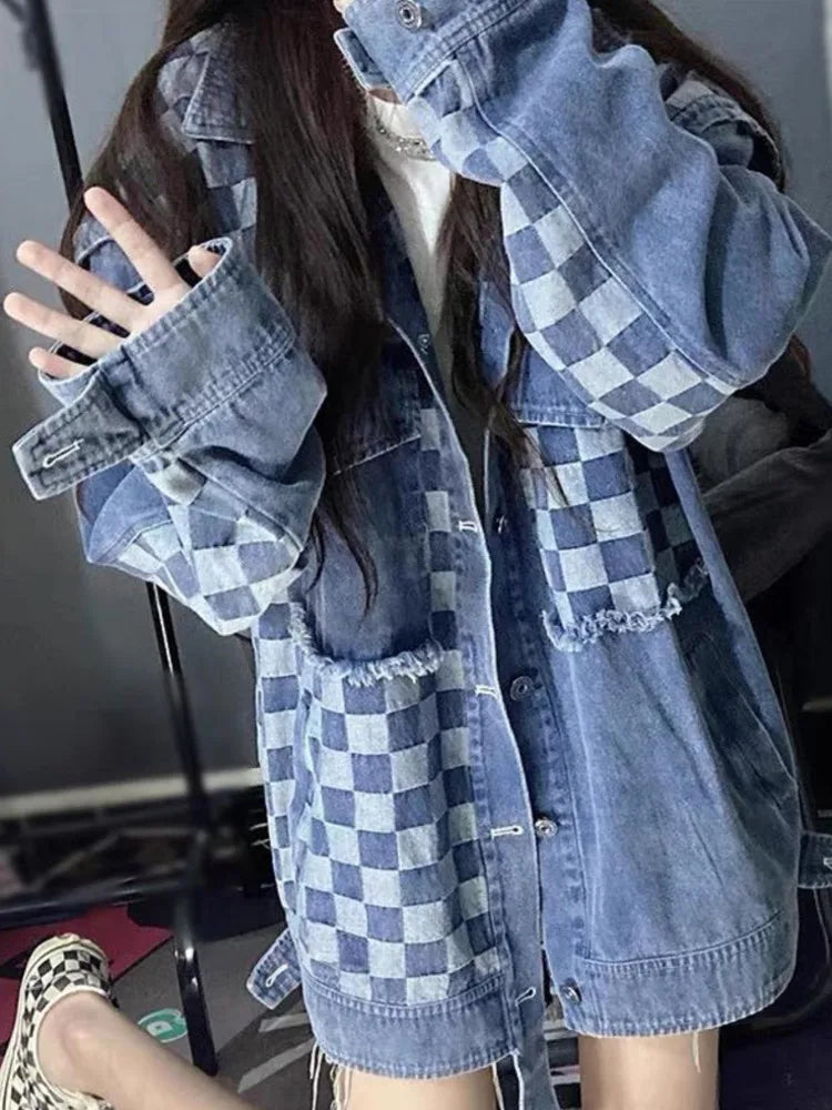 Cool salt wear with checkerboard stitching cardigan washed denim jacket women's trend loose jacket top trend