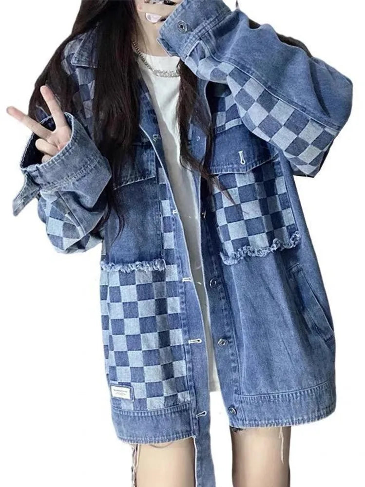 Cool salt wear with checkerboard stitching cardigan washed denim jacket women's trend loose jacket top trend