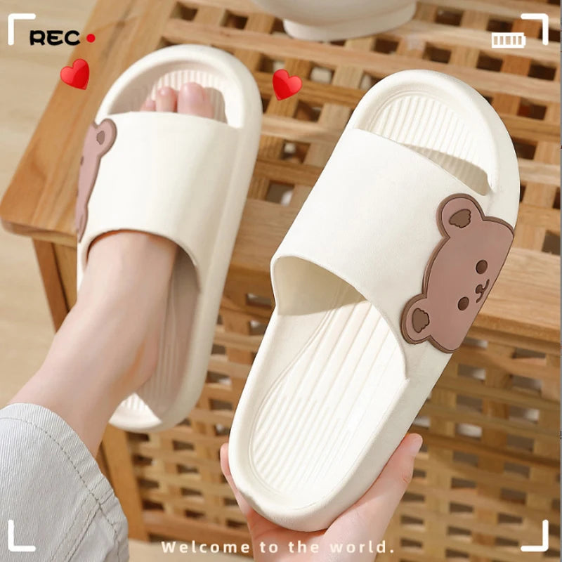 Cute Bear Women Slippers Thick Platform Non-Slip Shower Bathroom Slides Soft Eva Flip Flops Summer Shoes Women Men Beach Sandals