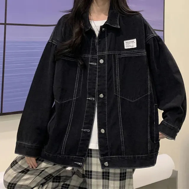 Deeptown Harajuku Denim Jacket Women Oversized Korean Streetwear Jean Jackets Fashion Loose Outdoor Coat Vintage Aesthetic Tops