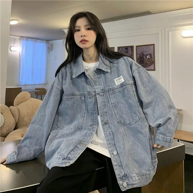 Deeptown Harajuku Denim Jacket Women Oversized Korean Streetwear Jean Jackets Fashion Loose Outdoor Coat Vintage Aesthetic Tops