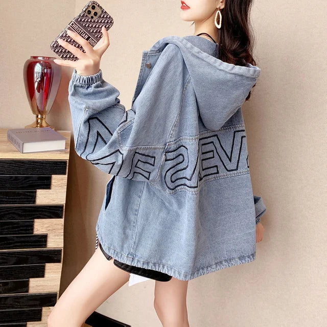 Denim Jacket Women's 2023 Spring Autumn New Coat Female Loose Korean Style Outwear Cardigan Mid-Length Hooded Overcoat Ladies