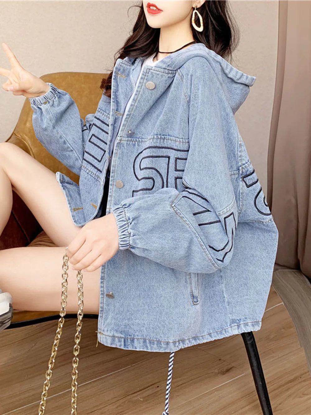 Denim Jacket Women's 2023 Spring Autumn New Coat Female Loose Korean Style Outwear Cardigan Mid-Length Hooded Overcoat Ladies