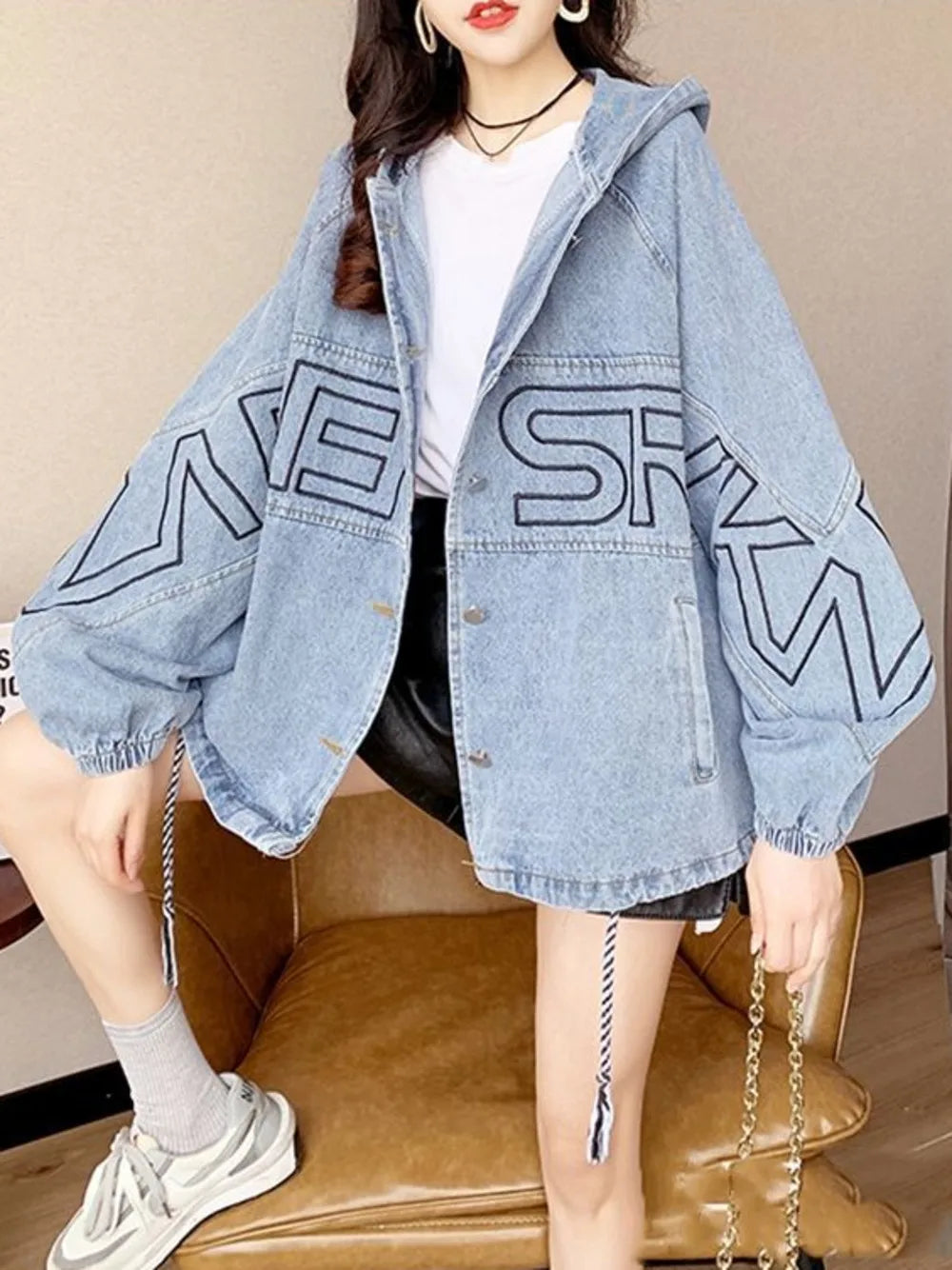 Denim Jacket Women's 2023 Spring Autumn New Coat Female Loose Korean Style Outwear Cardigan Mid-Length Hooded Overcoat Ladies