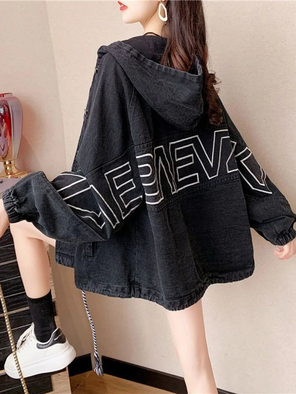 Denim Jacket Women's 2023 Spring Autumn New Coat Female Loose Korean Style Outwear Cardigan Mid-Length Hooded Overcoat Ladies