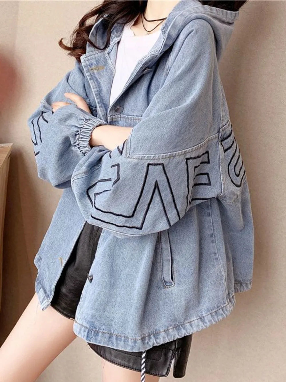 Denim Jacket Women's 2023 Spring Autumn New Coat Female Loose Korean Style Outwear Cardigan Mid-Length Hooded Overcoat Ladies