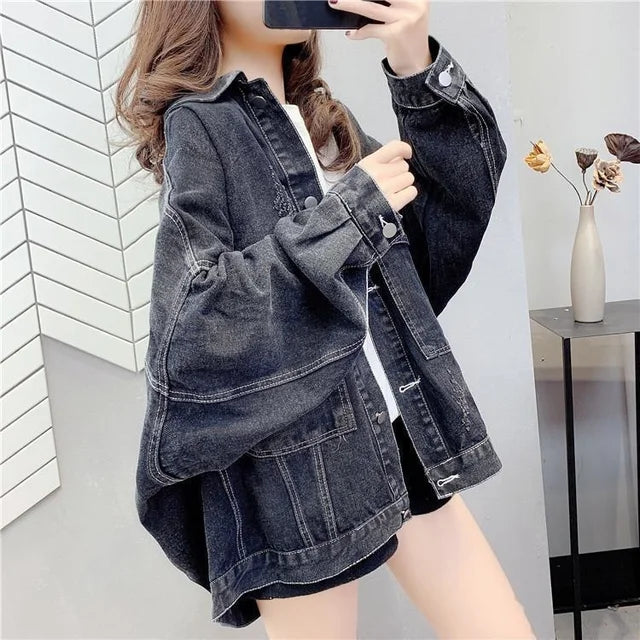 Denim Jacket Womens Black Blue Denim Jacket Korean Version Spring Autumn Jeans Coat Casual Harajuku Streetwear Female Vintage