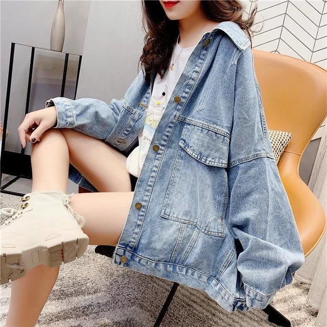 Denim Jacket Womens Black Blue Denim Jacket Korean Version Spring Autumn Jeans Coat Casual Harajuku Streetwear Female Vintage