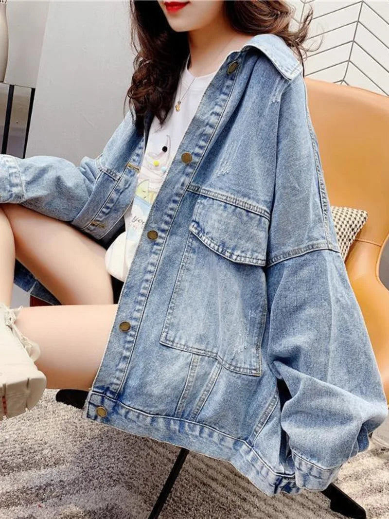 Denim Jacket Womens Black Blue Denim Jacket Korean Version Spring Autumn Jeans Coat Casual Harajuku Streetwear Female Vintage