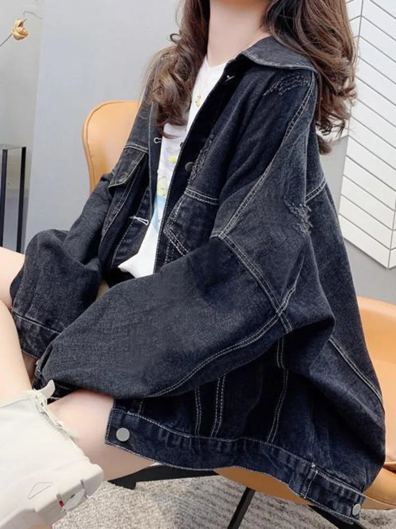 Denim Jacket Womens Black Blue Denim Jacket Korean Version Spring Autumn Jeans Coat Casual Harajuku Streetwear Female Vintage