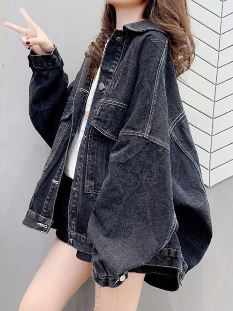 Denim Jacket Womens Black Blue Denim Jacket Korean Version Spring Autumn Jeans Coat Casual Harajuku Streetwear Female Vintage