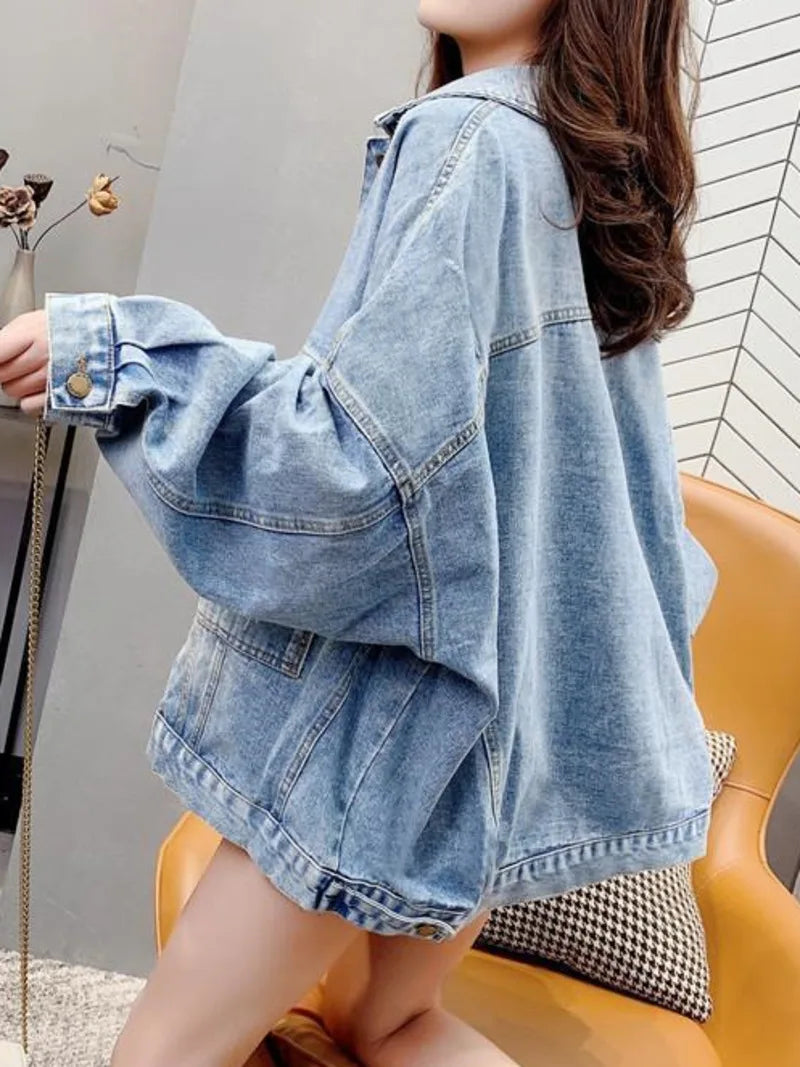 Denim Jacket Womens Black Blue Denim Jacket Korean Version Spring Autumn Jeans Coat Casual Harajuku Streetwear Female Vintage