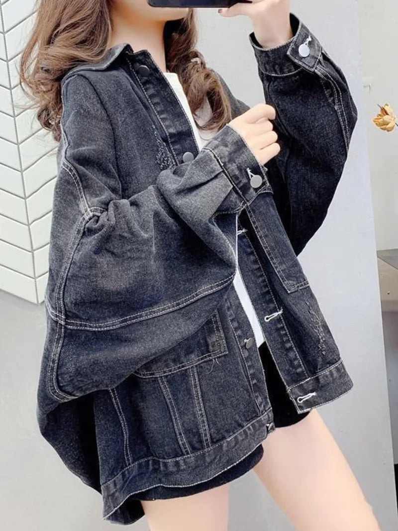 Denim Jacket Womens Black Blue Denim Jacket Korean Version Spring Autumn Jeans Coat Casual Harajuku Streetwear Female Vintage