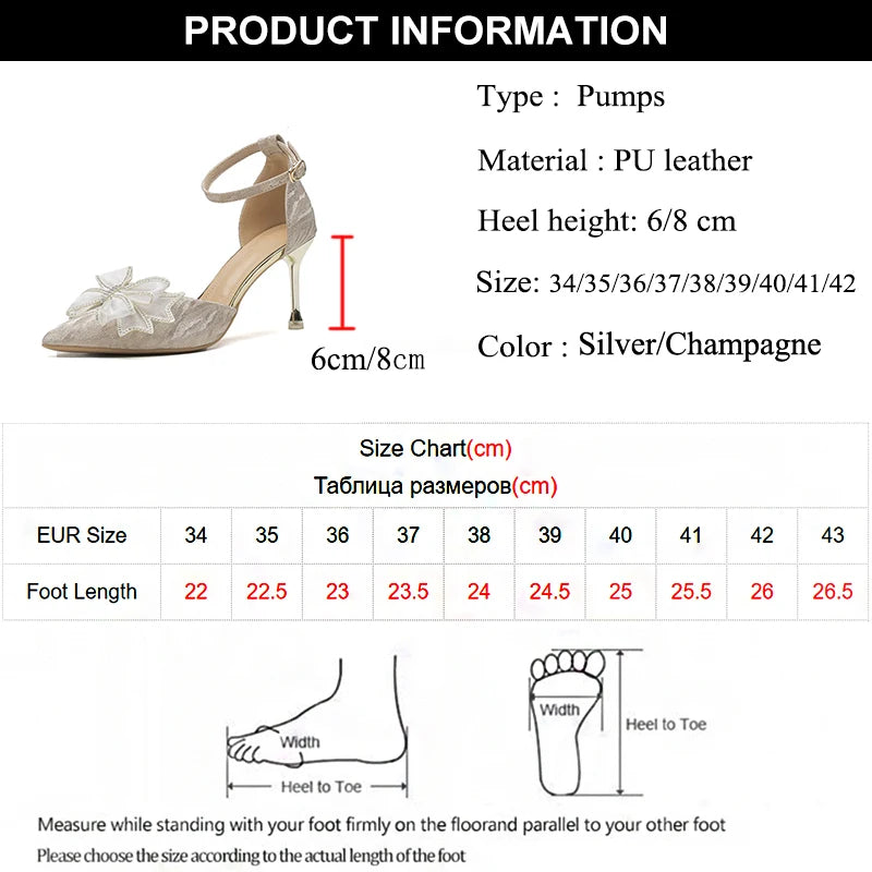 Elegant Silver High Heels Pumps Women 2023 Autumn Plus Size 42 Ankle Straps Party Shoes Woman Pointed Toe Bowtie Wedding Shoes