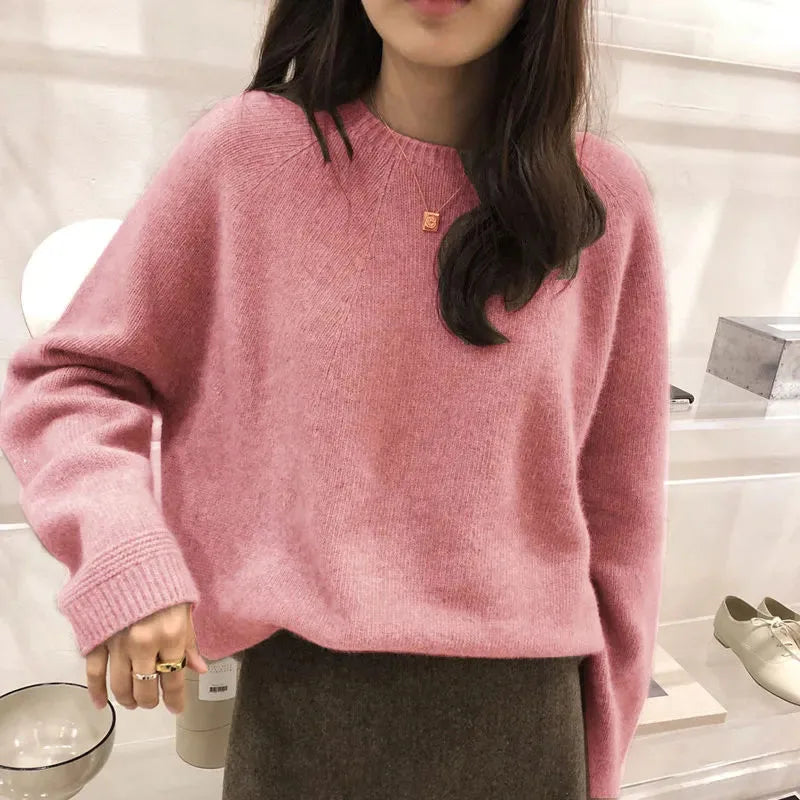 Fall Winter Thicken Warm Cashmere Sweater Women Harajuku Loose Basic O Neck Pullovers Solid Simple All Match Knitwear Jumpers