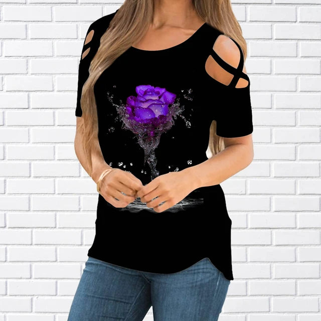 Fashion 3D Rose Print T-shirt Women  Pullover Round Neck T-shirt Summer Casual Loose Short Sleeve Pulllover New2022