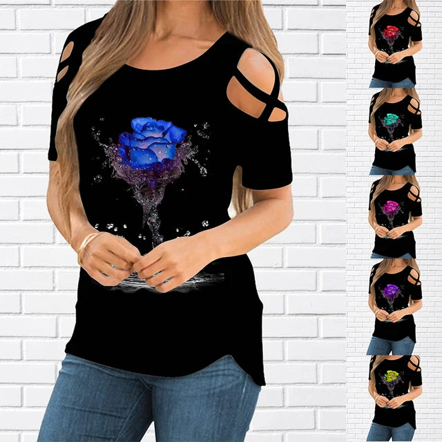 Fashion 3D Rose Print T-shirt Women  Pullover Round Neck T-shirt Summer Casual Loose Short Sleeve Pulllover New2022