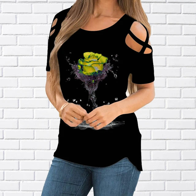 Fashion 3D Rose Print T-shirt Women  Pullover Round Neck T-shirt Summer Casual Loose Short Sleeve Pulllover New2022