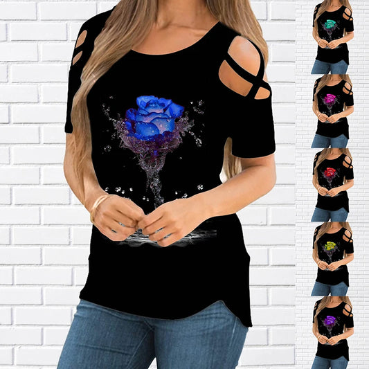 Fashion 3D Rose Print T-shirt Women  Pullover Round Neck T-shirt Summer Casual Loose Short Sleeve Pulllover New2022