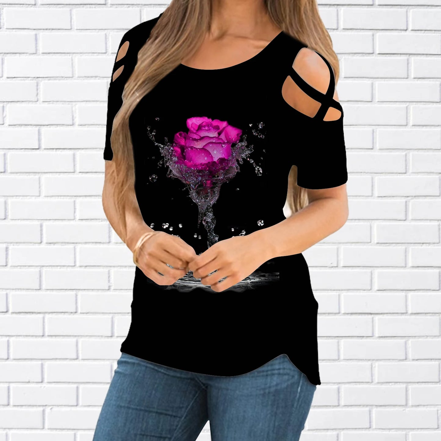 Fashion 3D Rose Print T-shirt Women  Pullover Round Neck T-shirt Summer Casual Loose Short Sleeve Pulllover New2022