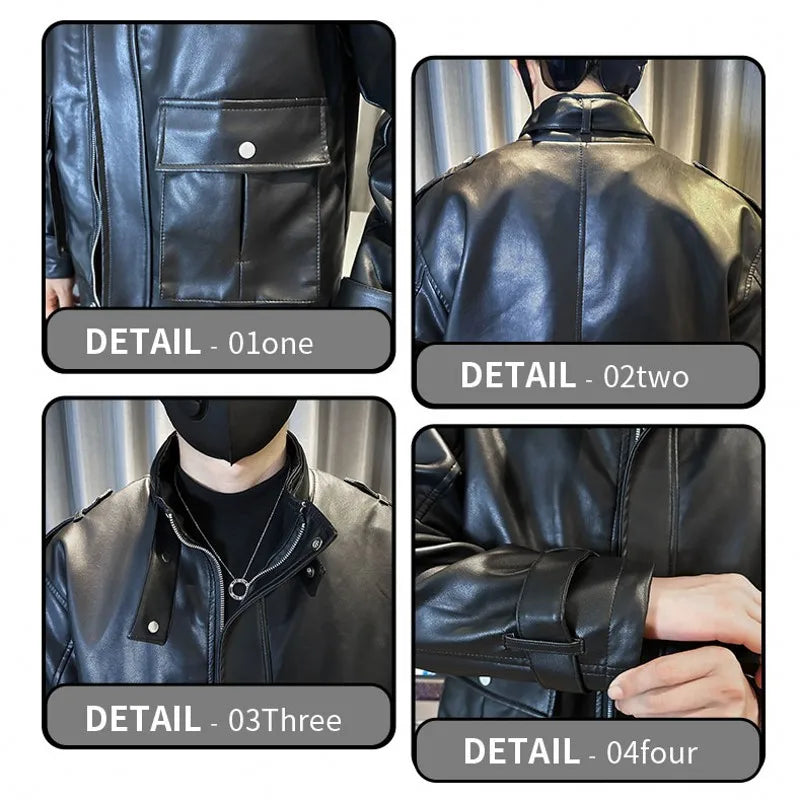 Fashion Men's Leather Jacket Stand Collar Cargo Tactical Motorcycle Clothing Korean Style Windbreaker Coat Outerwear Black Khaki