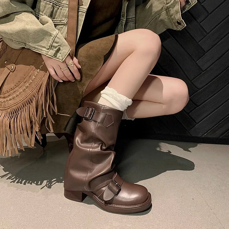 Fashion Pleated Buckle Knight Boots for Women Autumn Brown PU Leather Mid Calf Boots Woman Slip-On Thick Heel Riding Botas Mujer