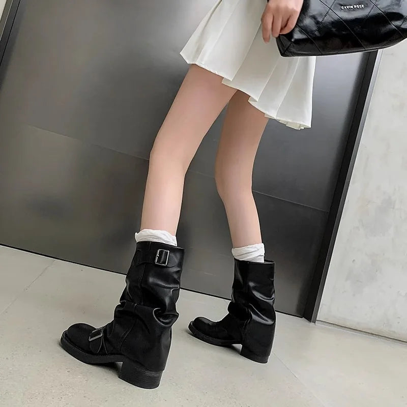 Fashion Pleated Buckle Knight Boots for Women Autumn Brown PU Leather Mid Calf Boots Woman Slip-On Thick Heel Riding Botas Mujer