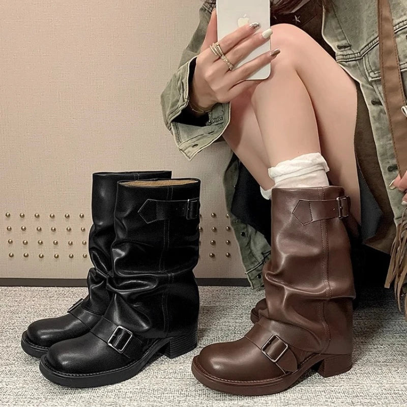 Fashion Pleated Buckle Knight Boots for Women Autumn Brown PU Leather Mid Calf Boots Woman Slip-On Thick Heel Riding Botas Mujer