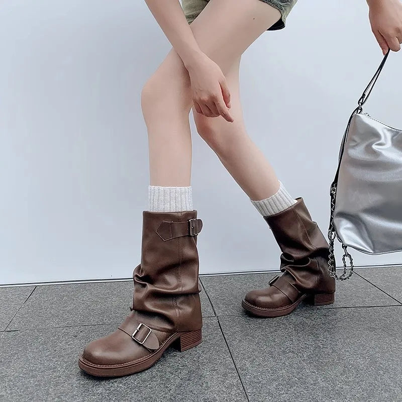 Fashion Pleated Buckle Knight Boots for Women Autumn Brown PU Leather Mid Calf Boots Woman Slip-On Thick Heel Riding Botas Mujer